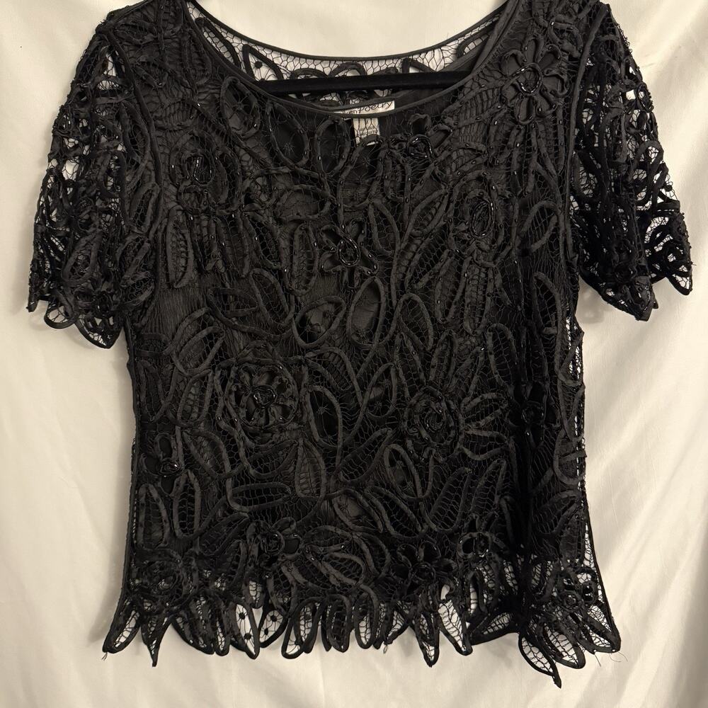 Silken Poetry Womens Black Silk Top Size M Crochet Fairy Beaded Lace Whimsigoth - Picture 2 of 9